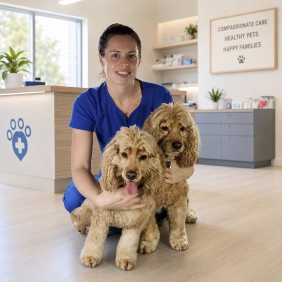 Dr. Hannah Lenders in blue scrubs, kneeling with two cocker spaniels